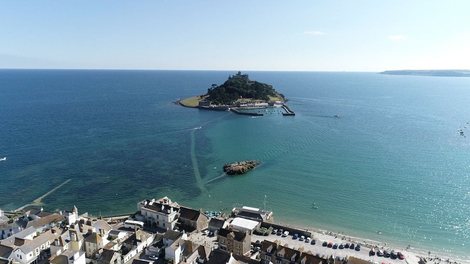 Aerial view of St Michael's Mount and the Cornish coast